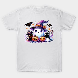 Cute Halloween Ghost with Black Cats and Pumpkins Funny T-Shirt